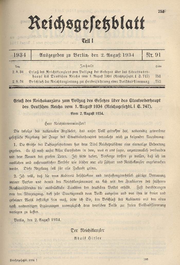 Erlaß des Reichskanzlers zum Vollzug des Gesetzes über Staatsoberhaupt des Deutschen Reiches