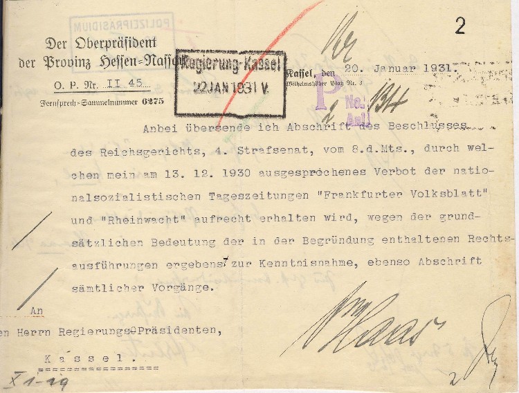 Schreiben an den Regierungspräsidenten in Kassel betreffend der Entwicklung im Fall des Verbots nationalsozialistischer Tageszeitungen