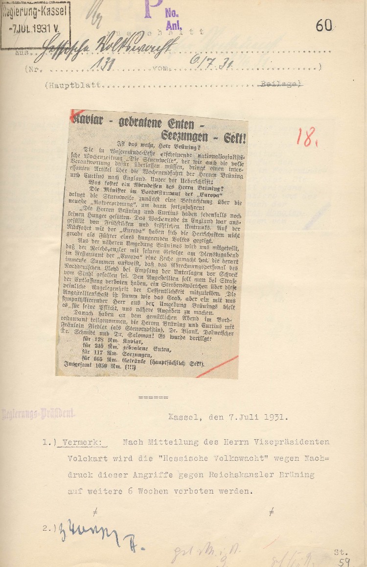 „Kaviar - gebratene Enten – Seezungen – Sekt! Ist das wahr, Herr Brüning?“ Artikel in der „Hessischen Volkswacht“ Kassel Nr 131
