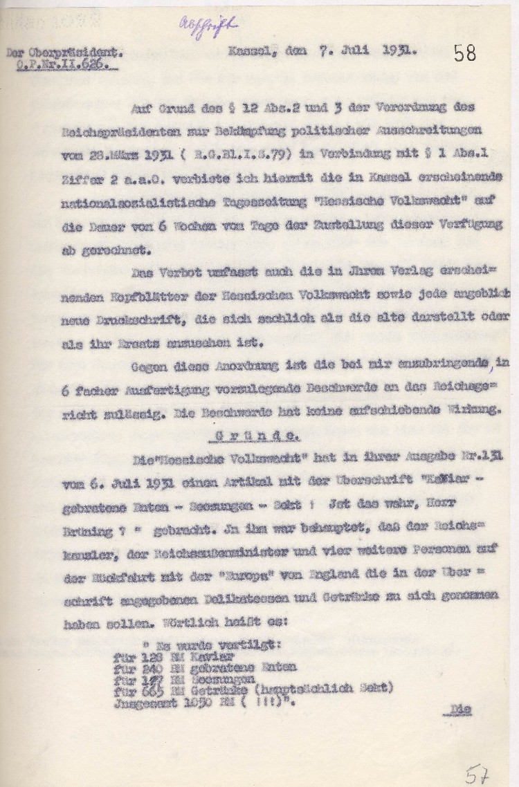 Verbot der „Hessischen Volkswacht“wegen Herabsetzung des Reichskanzlers in der Öffentlichkeit
