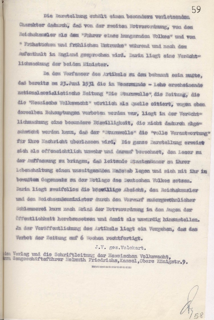 Verbot der „Hessischen Volkswacht“wegen Herabsetzung des Reichskanzlers in der Öffentlichkeit
