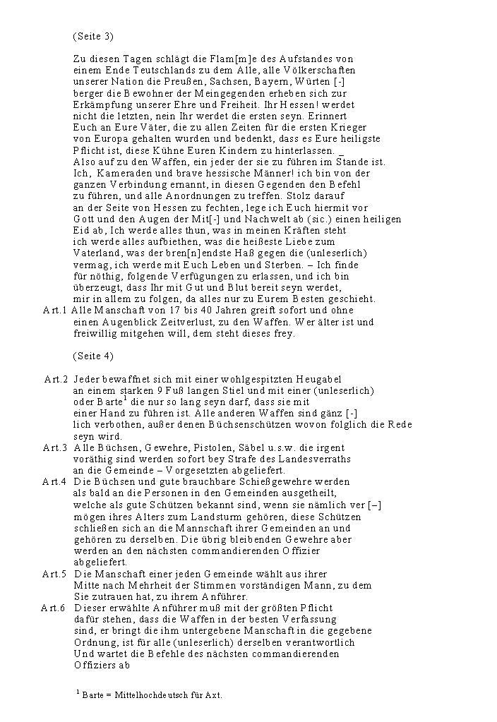 Aufruf zum Aufstand, Auszug aus der Akte der Maires und Friedensrichter des Distikts Kassel, über die im April 1809 ausgebrochene Insurektion.