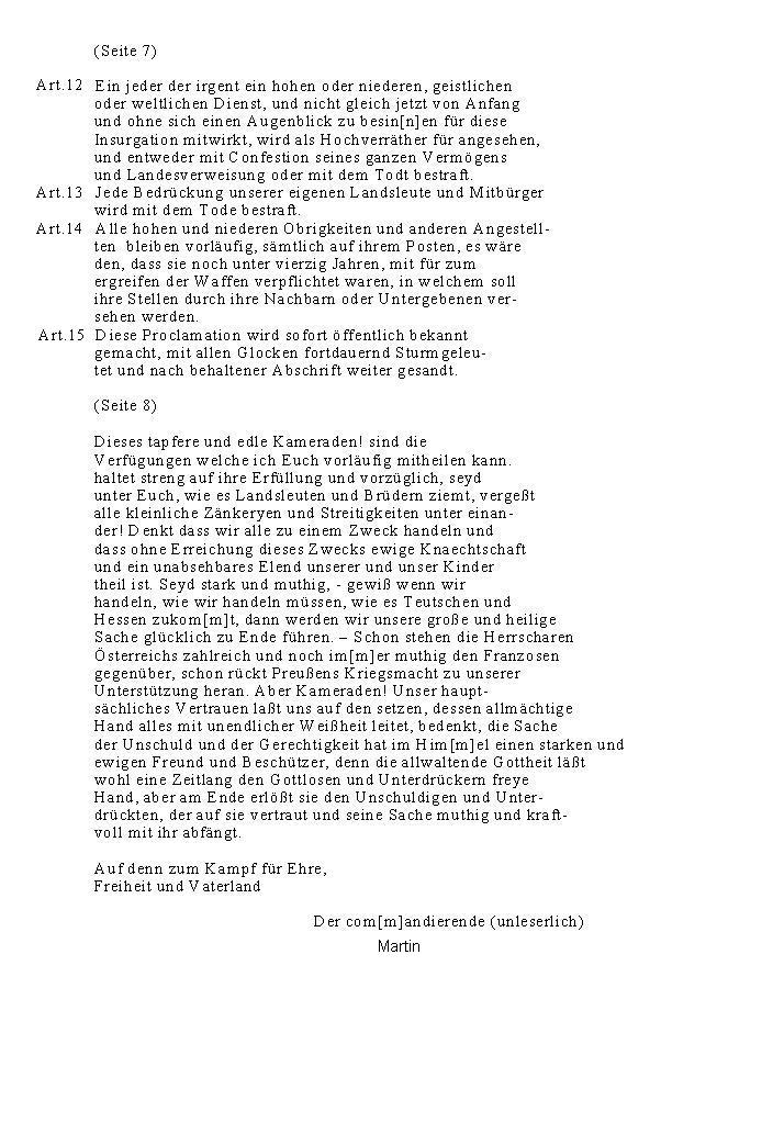 Aufruf zum Aufstand, Auszug aus der Akte der Maires und Friedensrichter des Distikts Kassel, über die im April 1809 ausgebrochene Insurektion.