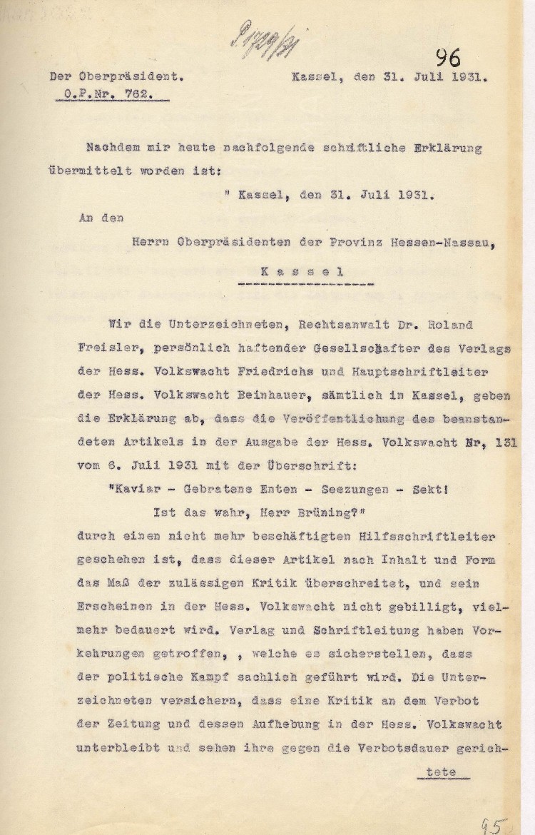 Verkürzung des Verbots der "Hessischen Volkswacht aufgrund einer Erklärung der Verantwortlichen