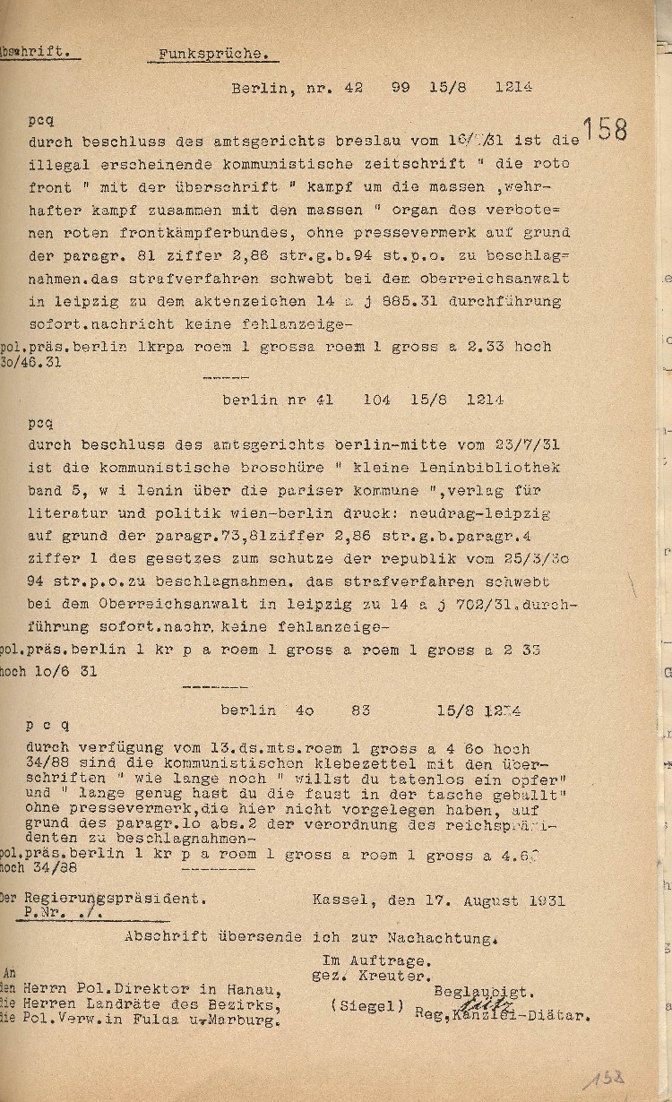 Funksprüche betreffend der Beschlagnahmung verschiedener kommunistischer Zeitungen, Plakate u.a.