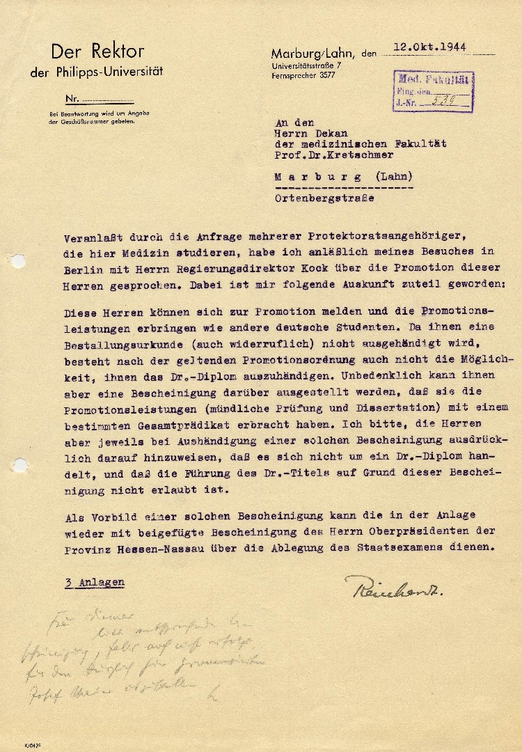 Mitteilung an den Dekan der medizinischen Fakultät der Philipps-Universität Marburg