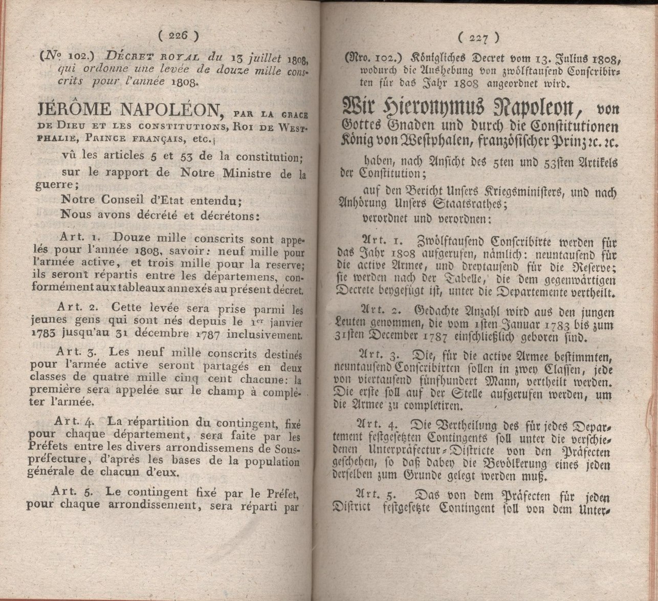 Königliches Dekret vom 13. Juli 1808, wodurch die Aushebung von zwölftausend Conscribirten für das Jahr 1808 angeordnet wird.