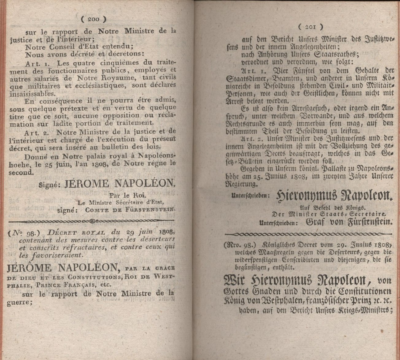Königliches Dekret vom 20. Juni 1808, welches Maaßregeln gegen die Deserteurs, gegen die Wiederspenstigen Conscribirten und diejenigen, die sie begünstigen enthält.