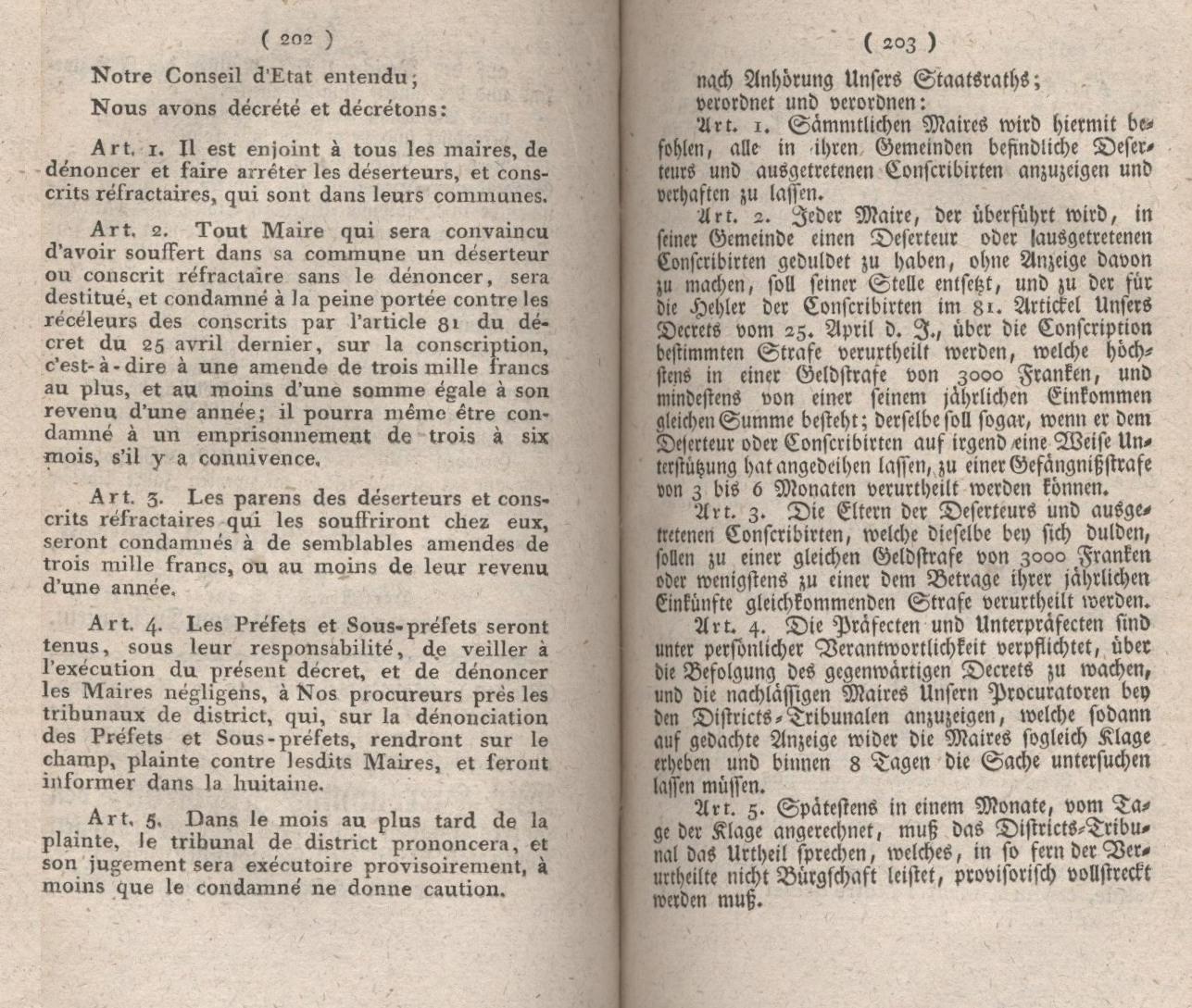 Königliches Dekret vom 20. Juni 1808, welches Maaßregeln gegen die Deserteurs, gegen die Wiederspenstigen Conscribirten und diejenigen, die sie begünstigen enthält.