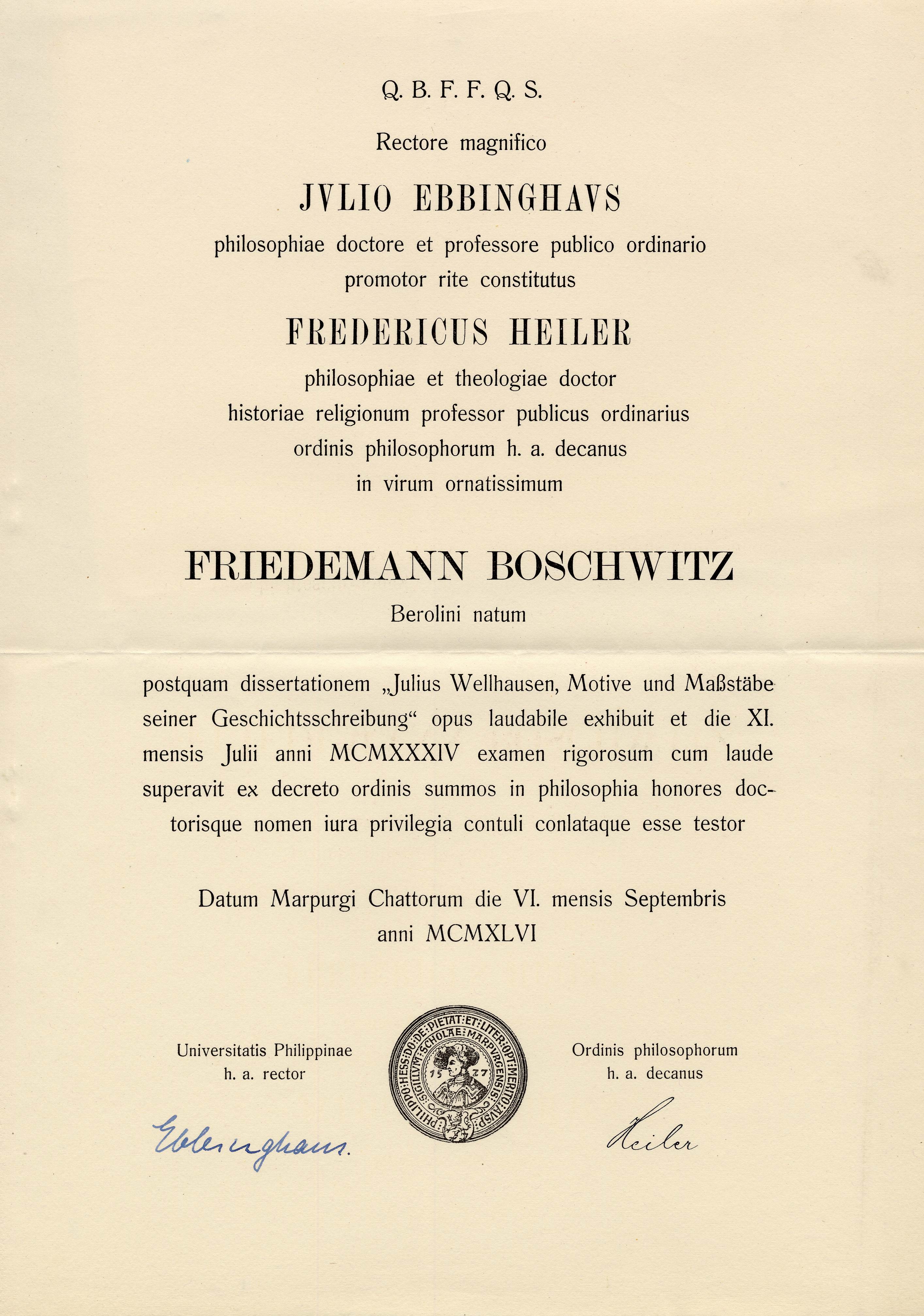 Doktordiplom Dr. Friedemann Boschwitz, 6. September 1946