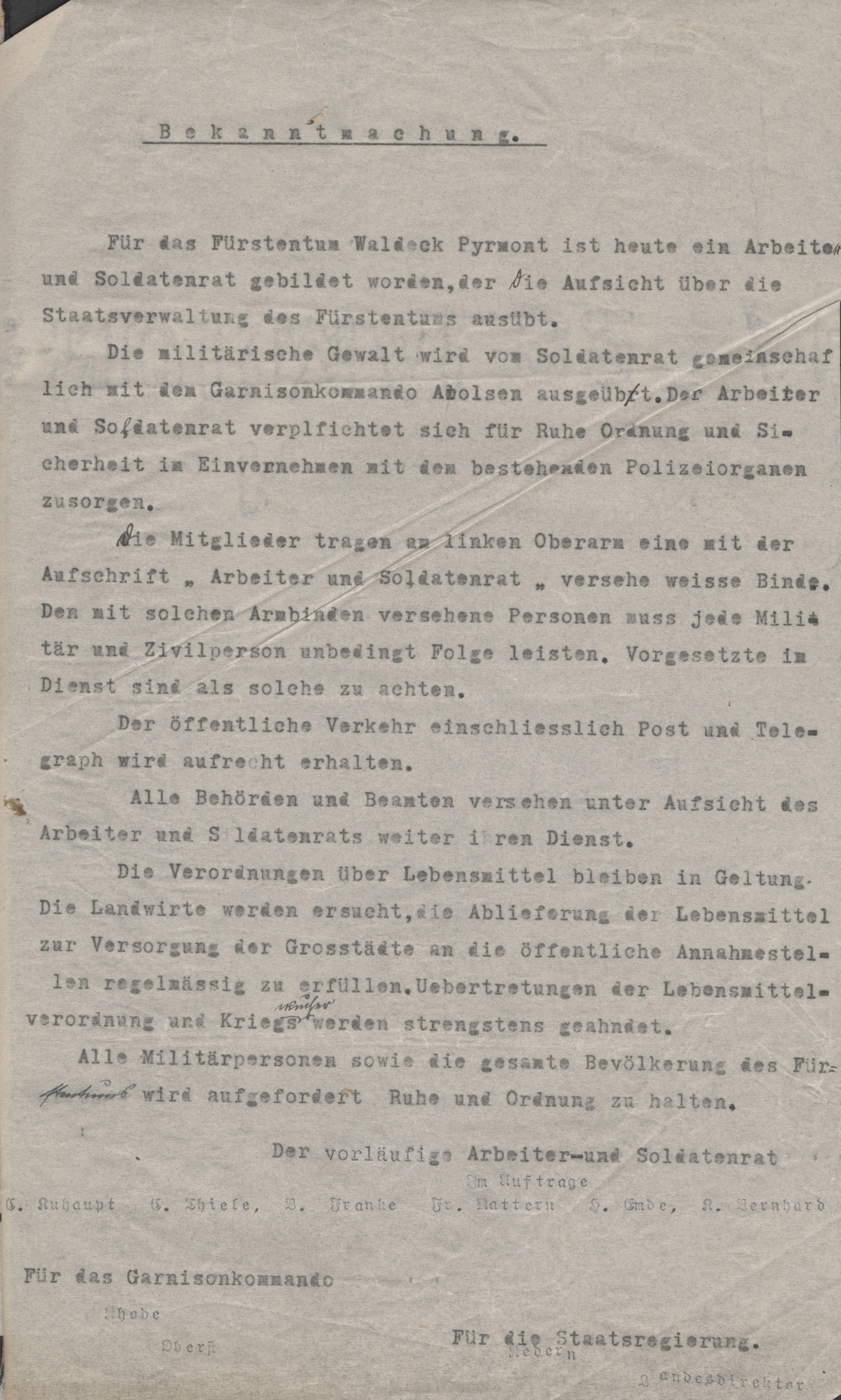 Gründung des Arbeiter- und Soldatenrates im Fürstentum Waldeck Pyrmont vom 13. November 1918
