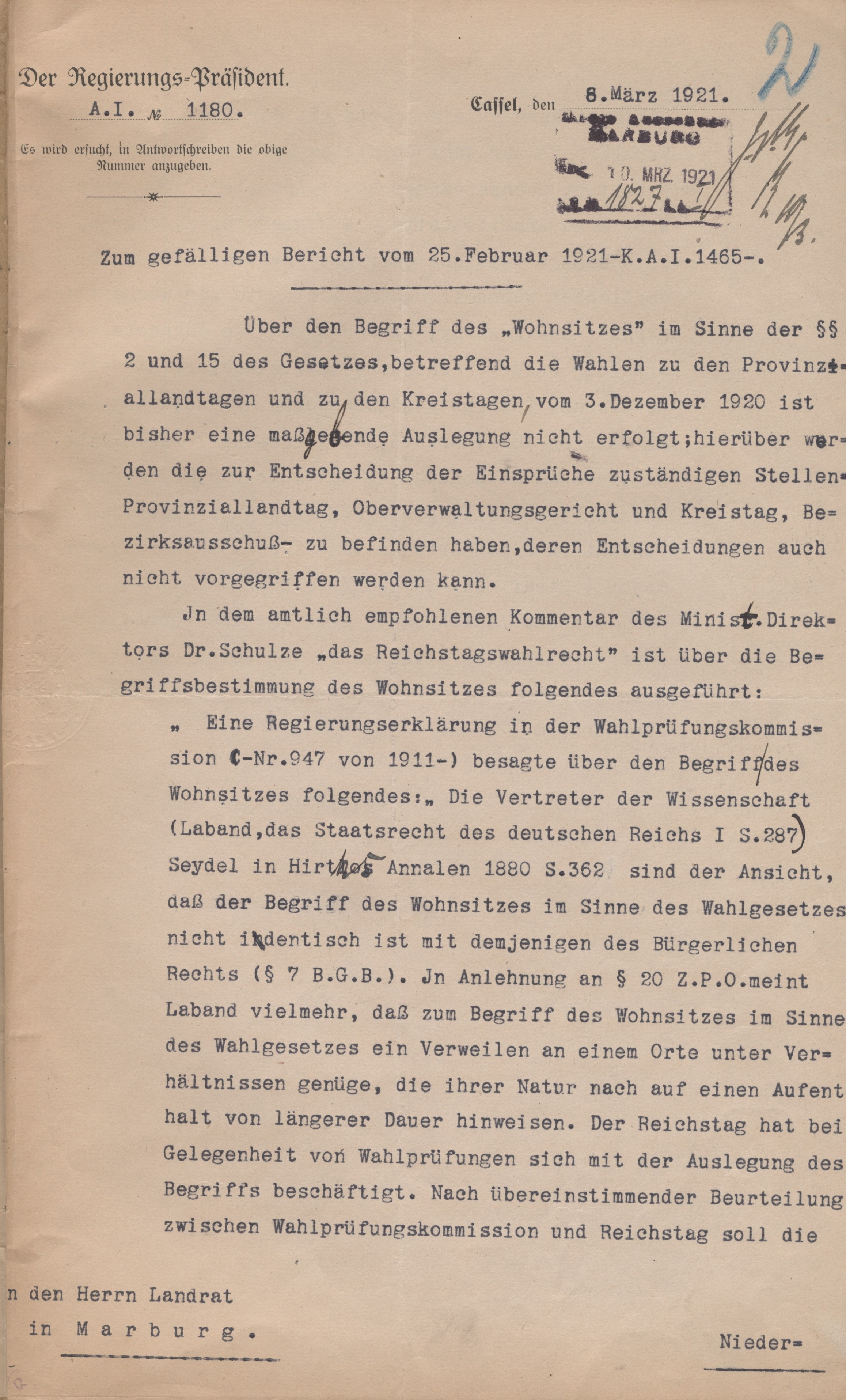 Definition des Wohnsitzes für die Wahlberechtigung vom 8. März 1921