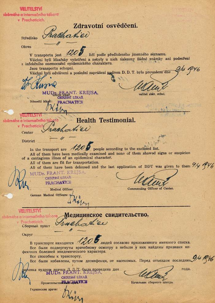 Sudentendeutscher Flüchtlingstransport von 1205 Personen vom 14. April 1946 aus Prachatitz: Gesundheitsbescheinigung über "Entlausung" und Einstäubung mit DDT