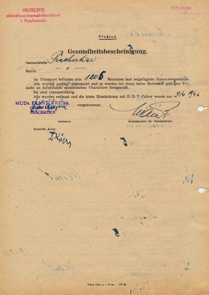Sudentendeutscher Flüchtlingstransport von 1205 Personen vom 14. April 1946 aus Prachatitz: Gesundheitsbescheinigung über "Entlausung" und Einstäubung mit DDT