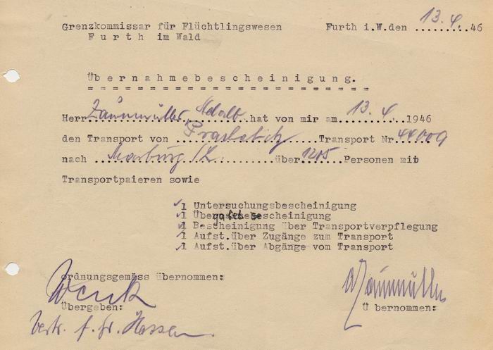 Sudentendeutscher Flüchtlingstransport von 1205 Personen vom 14. April 1946 aus Prachatitz: Transportpapiere:  Übernahmebescheinigung und Bescheinigung über Transportverpflegung