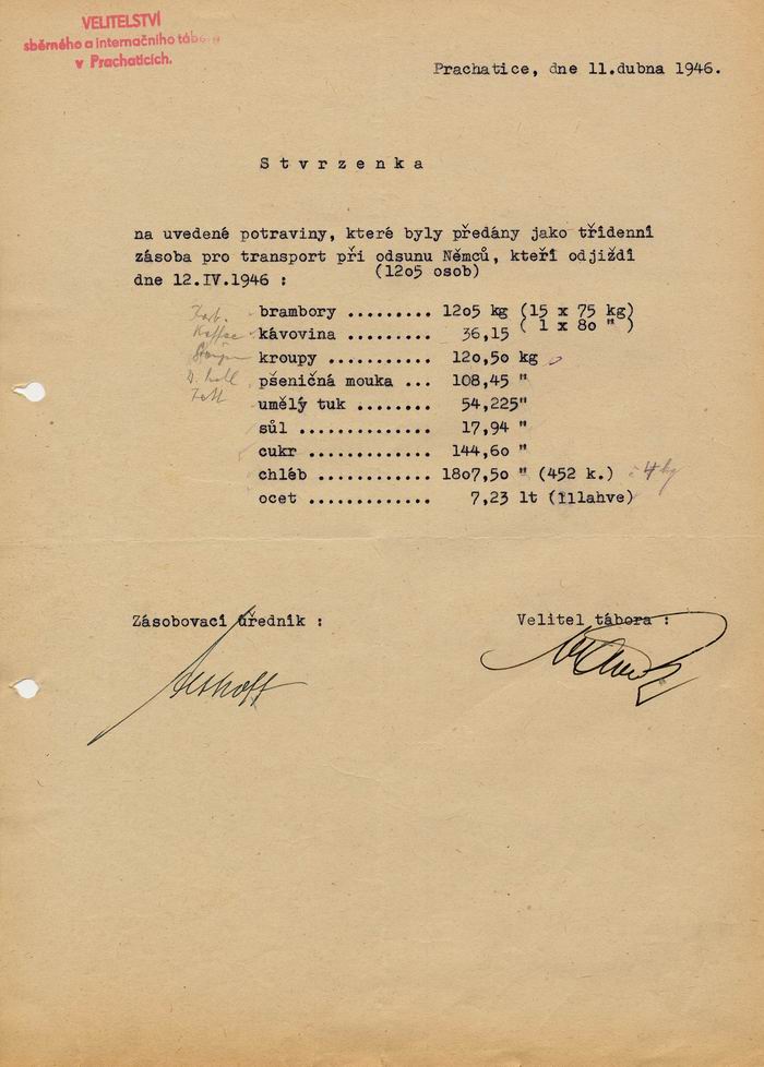 Sudentendeutscher Flüchtlingstransport von 1205 Personen vom 14. April 1946 aus Prachatitz: Transportpapiere:  Übernahmebescheinigung und Bescheinigung über Transportverpflegung