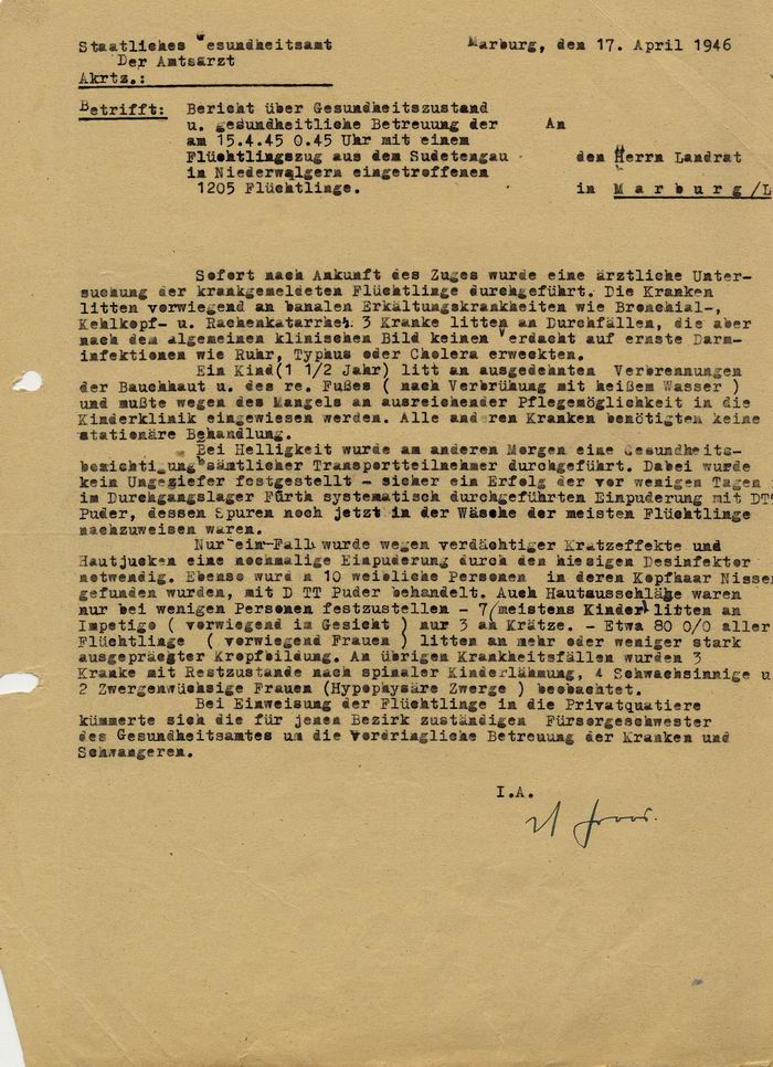 Sudentendeutscher Flüchtlingstransport von 1205 Personen vom 14. April 1946 aus Prachatitz nach Marburg: Bericht über den Gesundheitszustand der am 15.4.1946 eingetroffenen Flüchtlinge