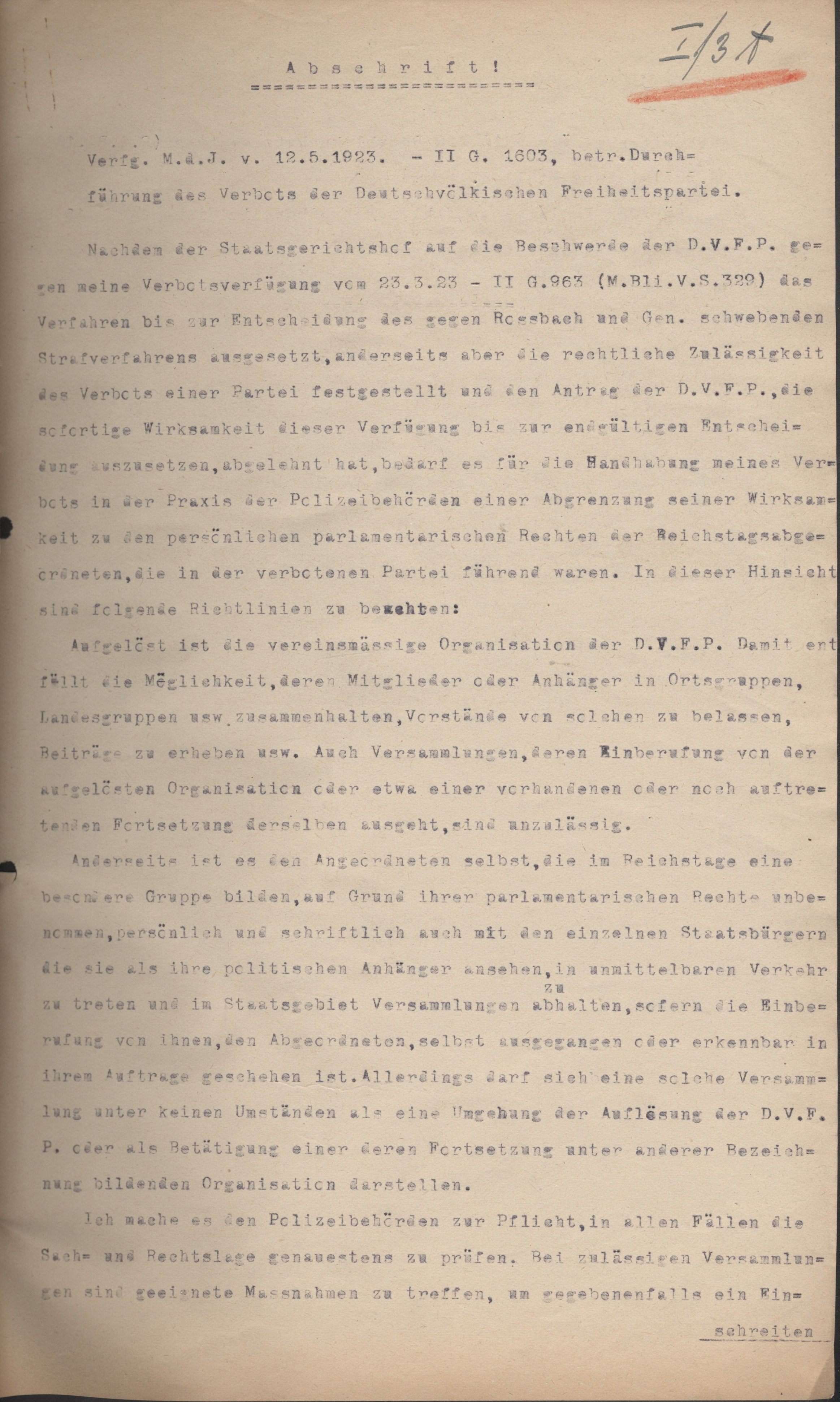 Durchführung des Verbots der Deutschvölkischen Freiheitspartei vom 12. Mai 1923