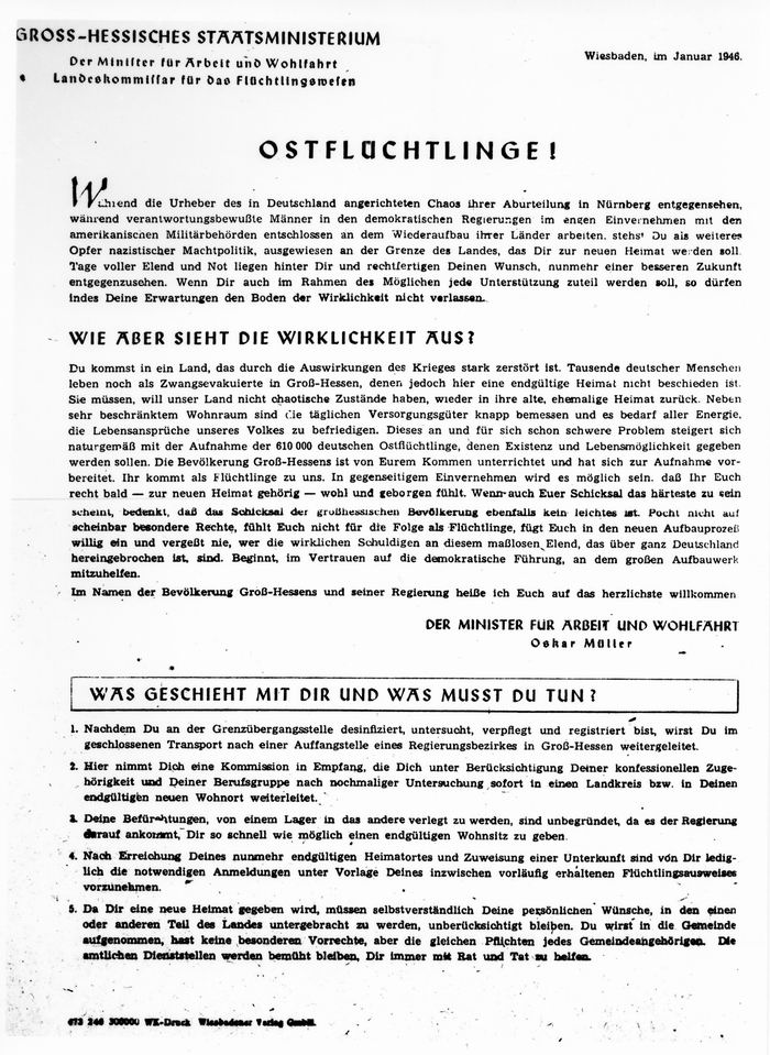 Merkblatt des Groß-Hessischen Staatsministeriums für Ostflüchtlinge, Januar 1946
