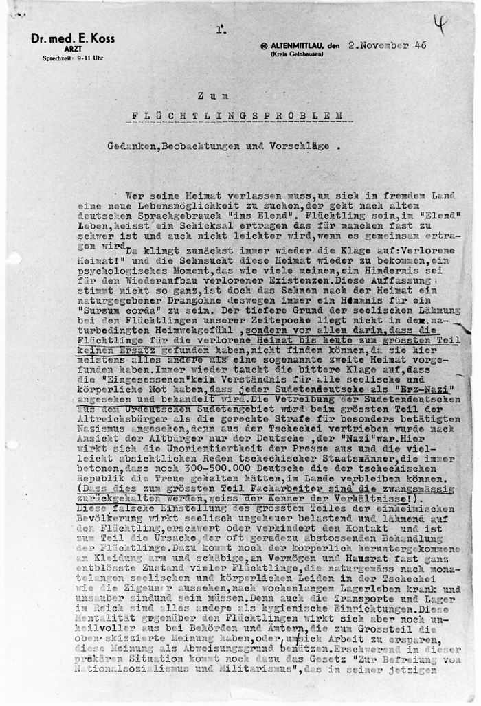 Das Flüchtlingsproblem aus Sicht der heimatvertriebenen sudentendeutschen Arztes Dr. Koss, November 1946