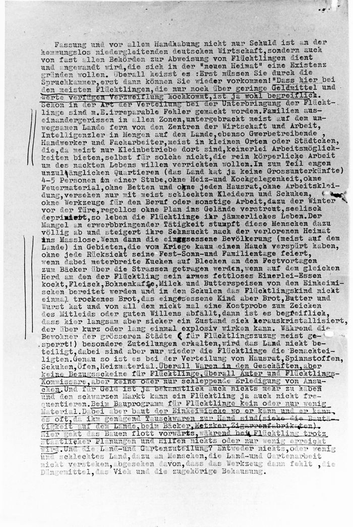 Das Flüchtlingsproblem aus Sicht der heimatvertriebenen sudentendeutschen Arztes Dr. Koss, November 1946