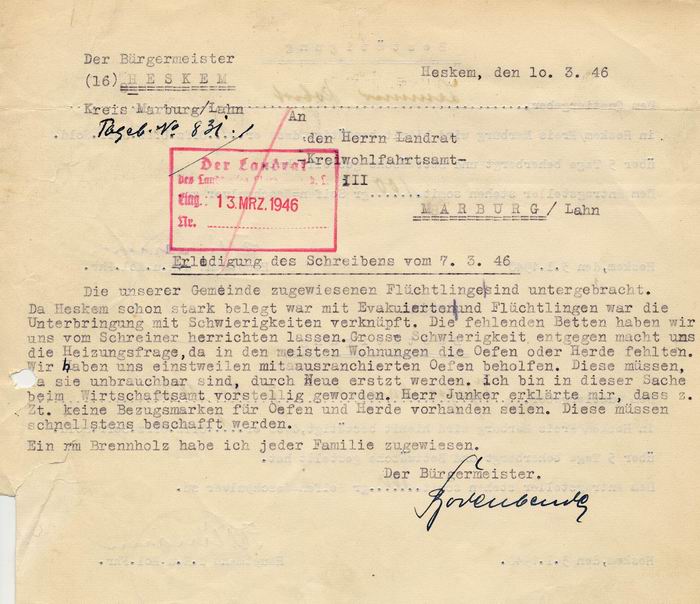 Probleme bei der Unterbringung von Flüchtlingen im Kreis Marburg, Heskem und Beltershausen. Eingabe des Bürgermeisters von Heskem und Anweisung des Landrats des Kreises Marburg  Bürgermeister  März 1946