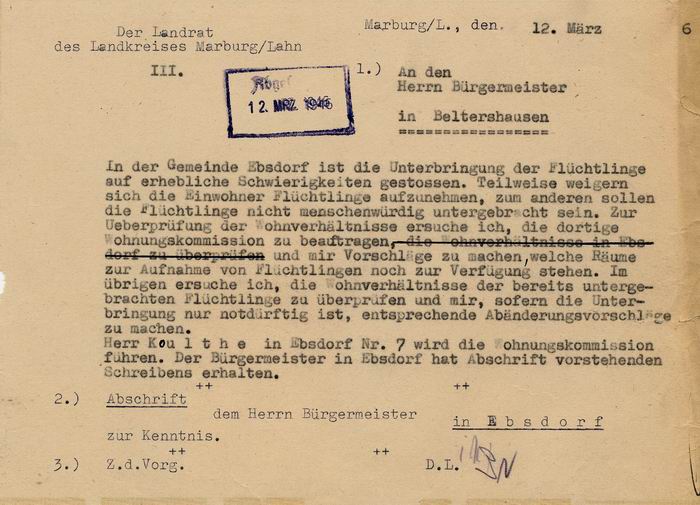 Probleme bei der Unterbringung von Flüchtlingen im Kreis Marburg, Heskem und Beltershausen. Eingabe des Bürgermeisters von Heskem und Anweisung des Landrats des Kreises Marburg  Bürgermeister  März 1946
