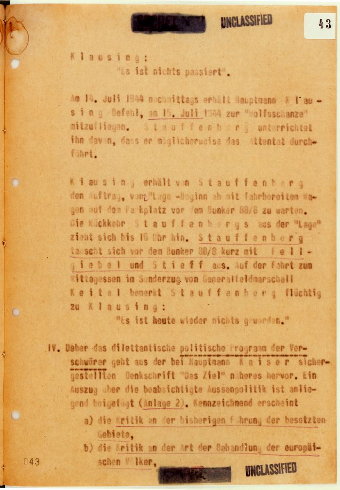 SD-Aufzeichnung über das "dilettantische politische Programm" der Verschwörer des 20. Juli 1944.  Aus dem Kaltenbrunner-Bericht , 3. August 1944