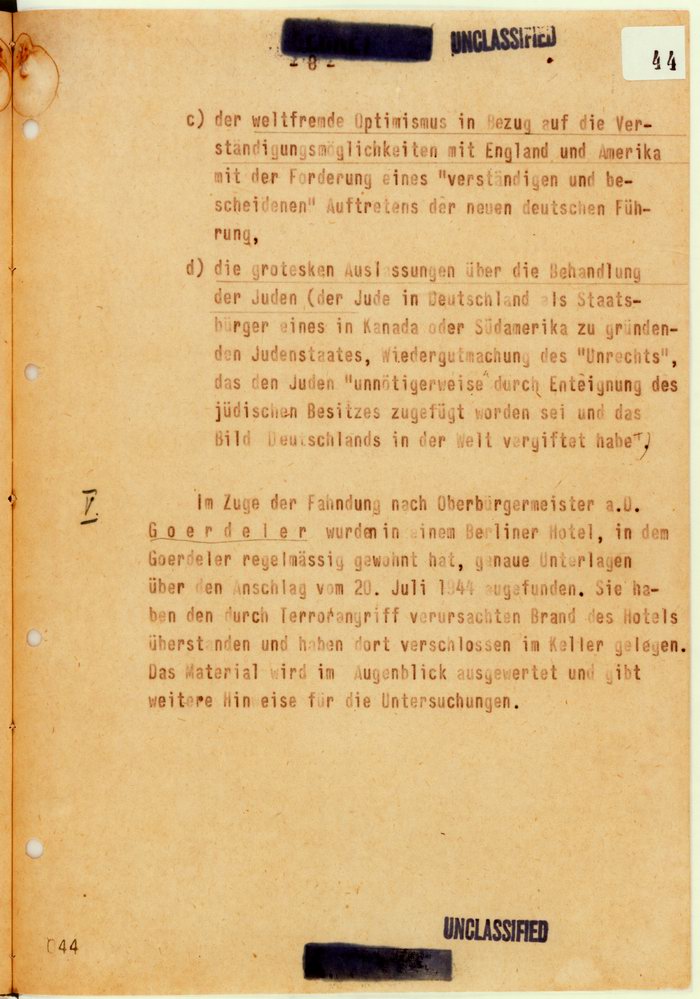 SD-Aufzeichnung über das "dilettantische politische Programm" der Verschwörer des 20. Juli 1944.  Aus dem Kaltenbrunner-Bericht , 3. August 1944