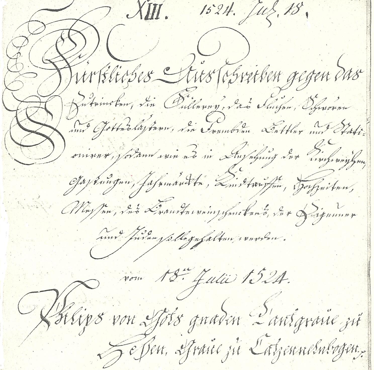 Auszug auf dem Ausschreiben von Landgraf Philipp (1518-1567) gegen das Zutrinken, die Füllerei, das Fluchen, Schwören und Gotteslästern, 18. Juli 1524
