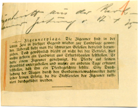 Zeitungsausschnitt einer Meldung der Kirchhainer Zeitung vom 14. April 1935 über den angeblichen Diebstahl von "Zigeunern" in Erfurtshausen und Schreiben des Polizeipostens in Roßdorf an den Landrat mit der Richtigstellung, 28. April 1935