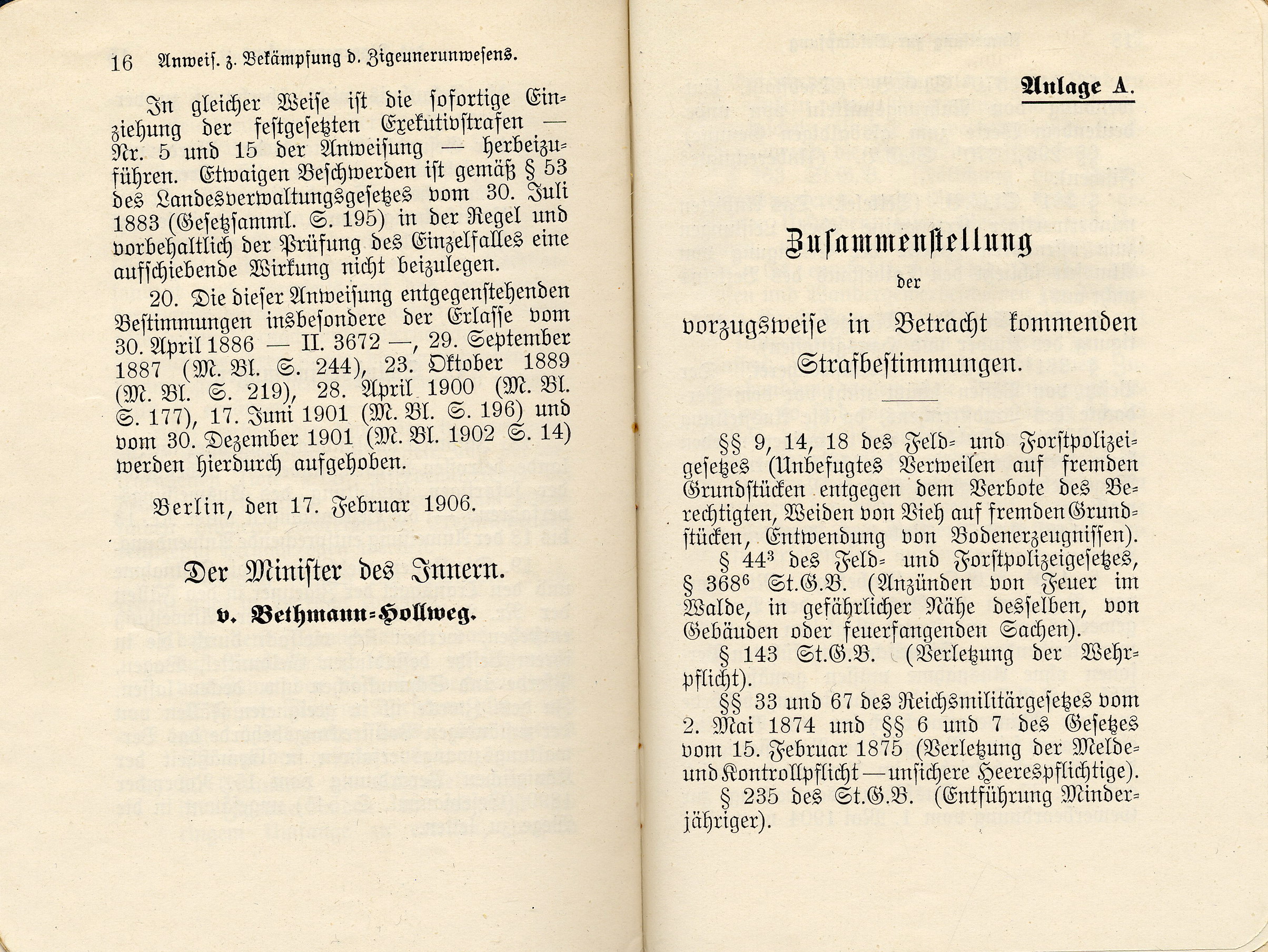 Ministerialanweisung des Innenministeriums des Königreichs Preußen zur "Bekämpfung des Zigeunerunwesens", 17. Februar 1906