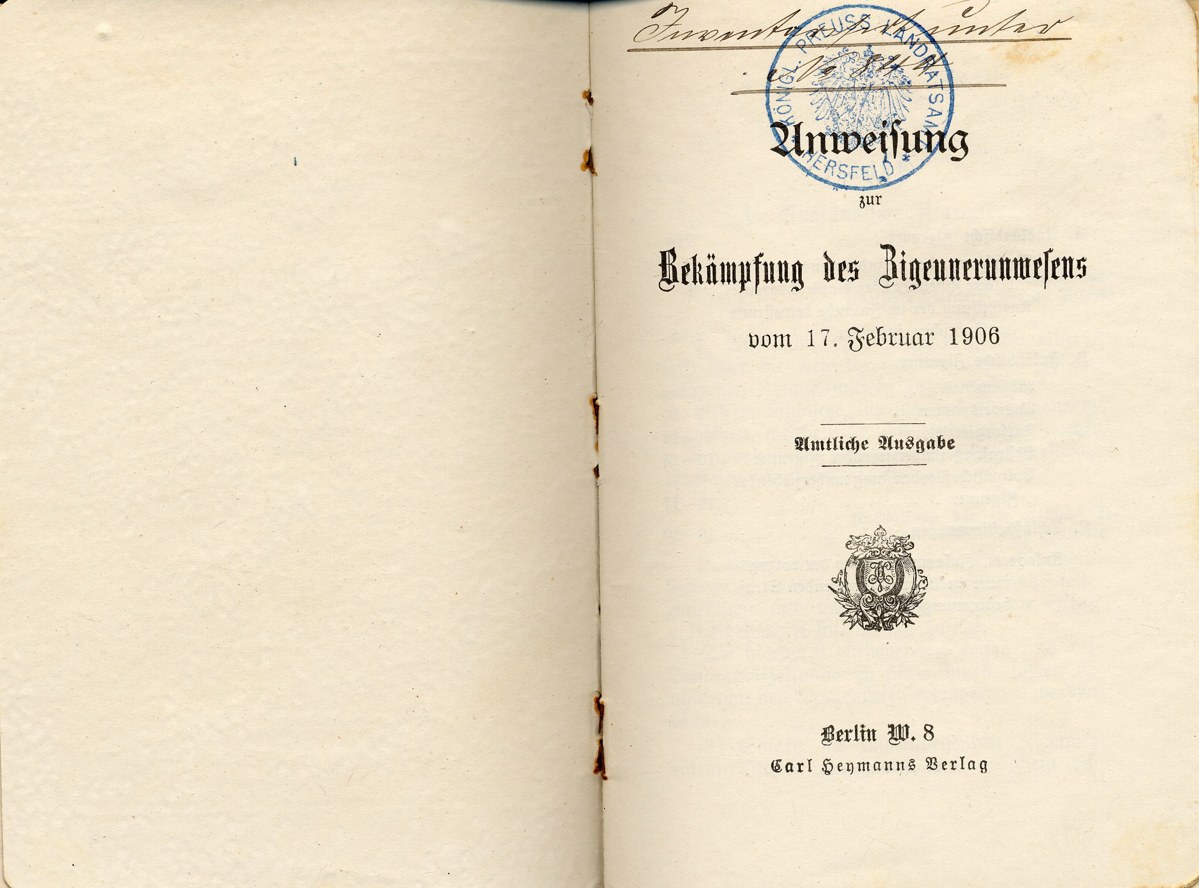 Ministerialanweisung des Innenministeriums des Königreichs Preußen zur "Bekämpfung des Zigeunerunwesens", 17. Februar 1906