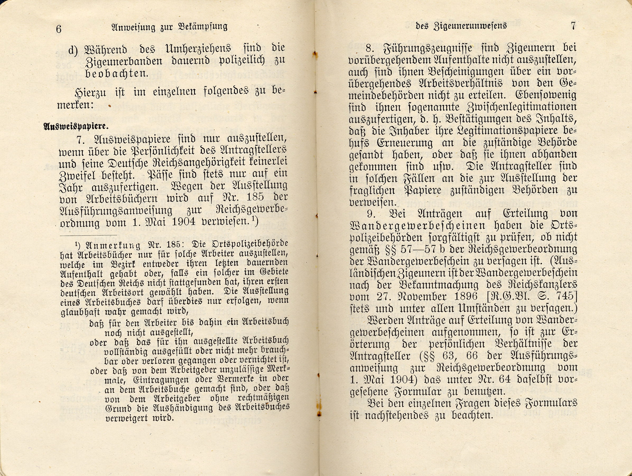 Ministerialanweisung des Innenministeriums des Königreichs Preußen zur "Bekämpfung des Zigeunerunwesens", 17. Februar 1906