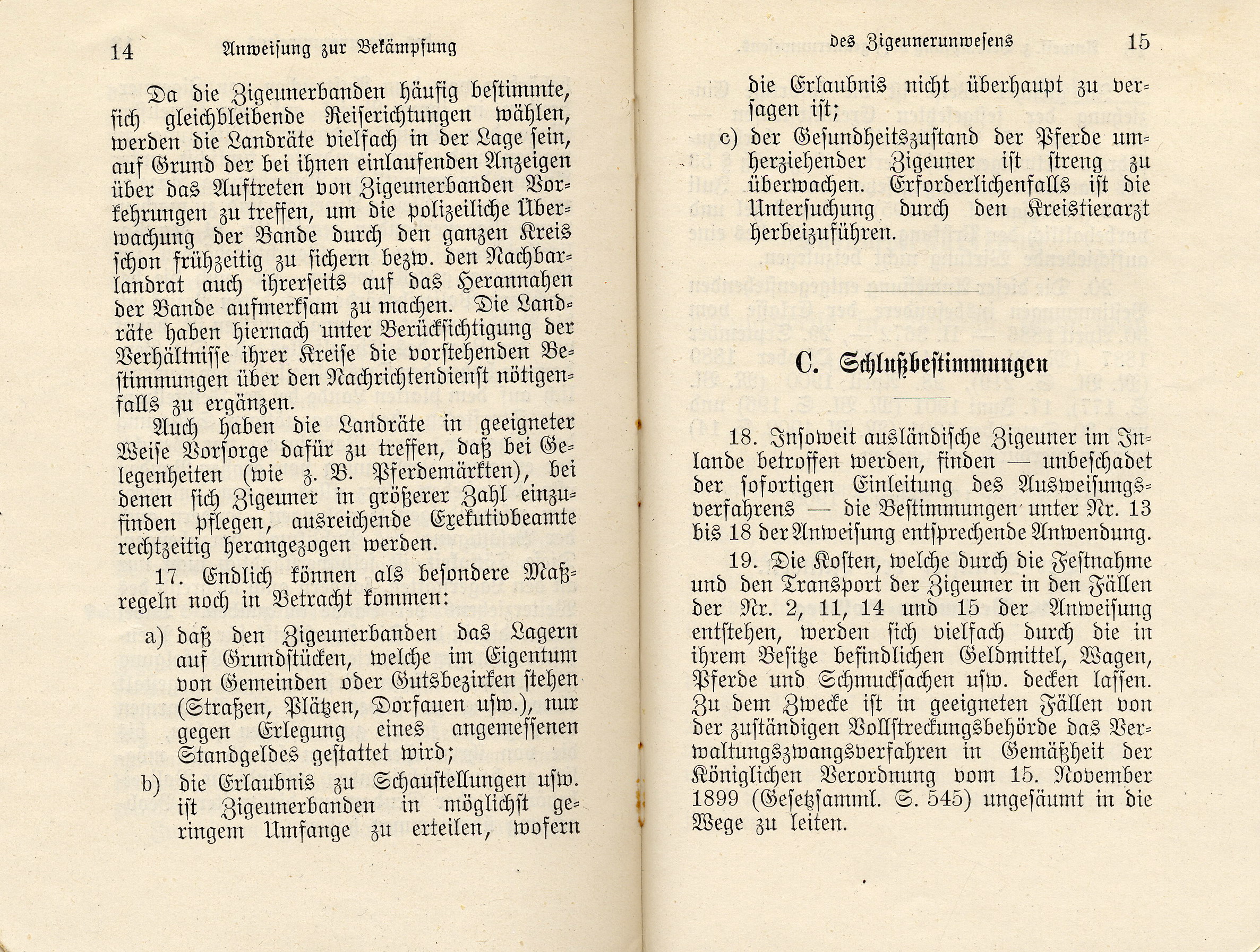 Ministerialanweisung des Innenministeriums des Königreichs Preußen zur "Bekämpfung des Zigeunerunwesens", 17. Februar 1906