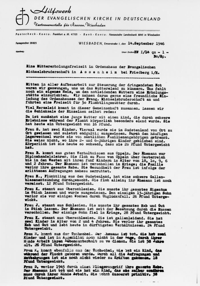 Erste Müttererholungsfreizeit für 50 Flüchtlingsfrauen auf Einladung der Michaelisbruderschaft in Assenheim bei Friedberg im September 1946