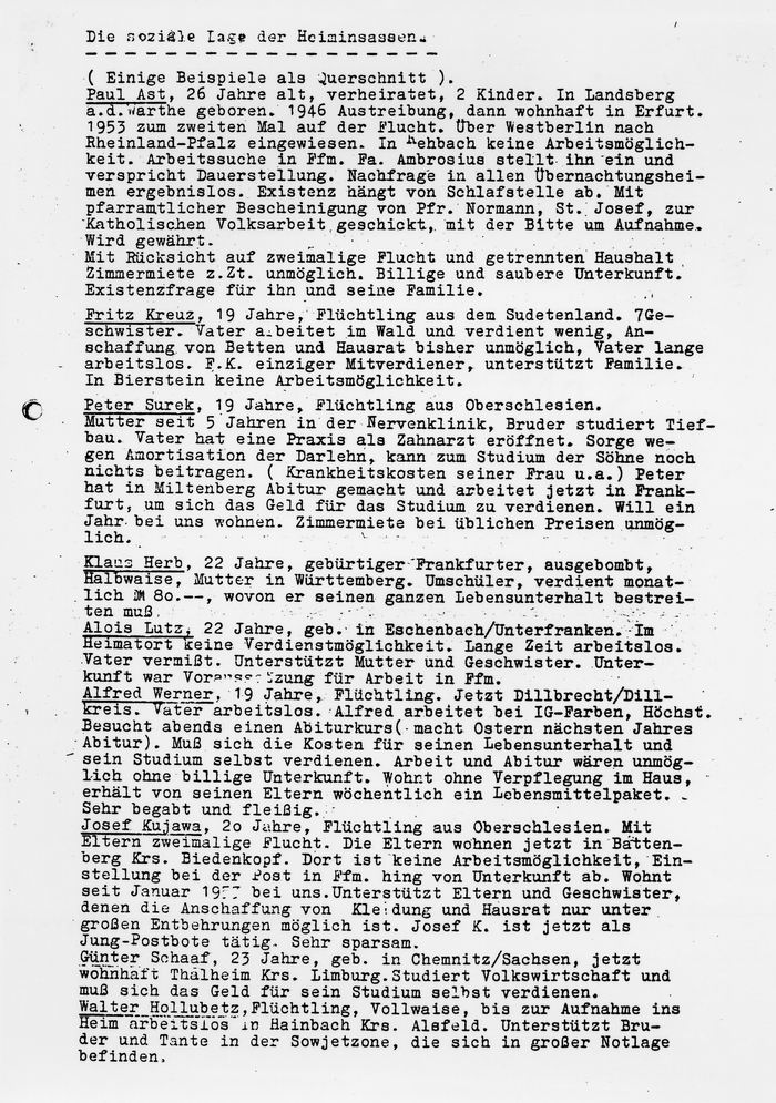 Liste der Heiminsassen eines Jugendwohnheims in Frankfurt