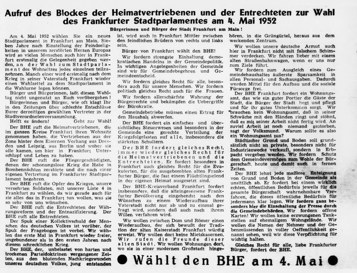 Aufruf des BHE zur Wahl des Frankfurter Stadtparlaments