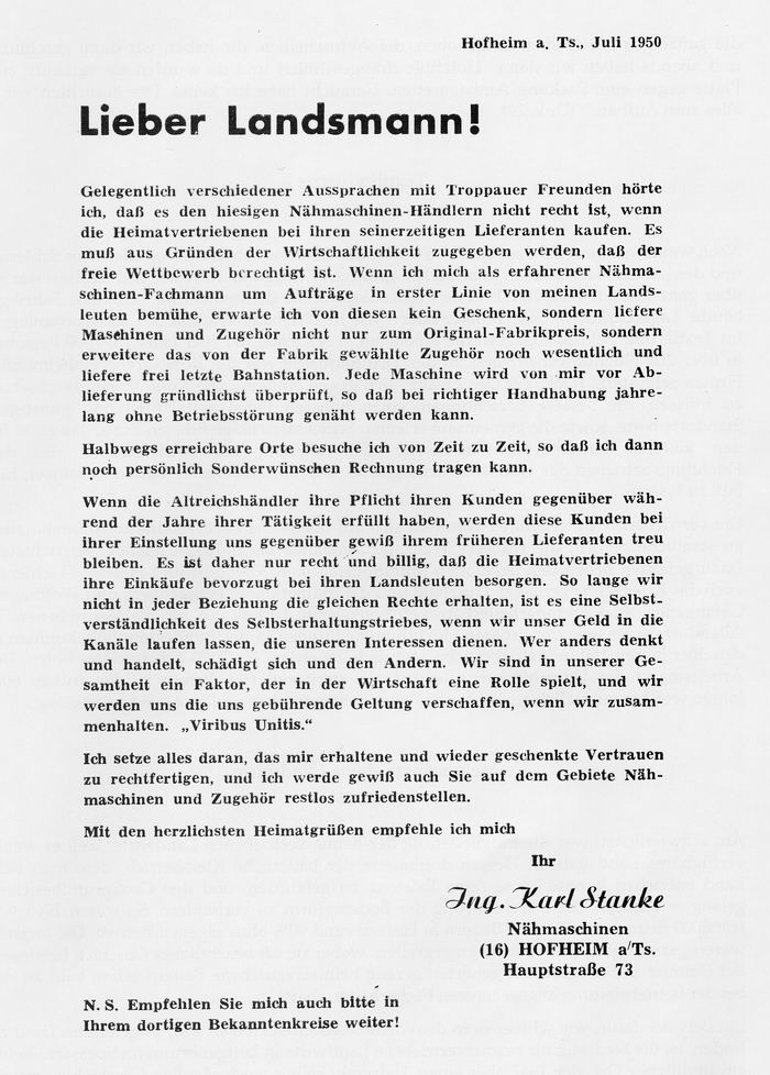 Aufruf eines Heimatvertriebenen zur Solidarität untereinander