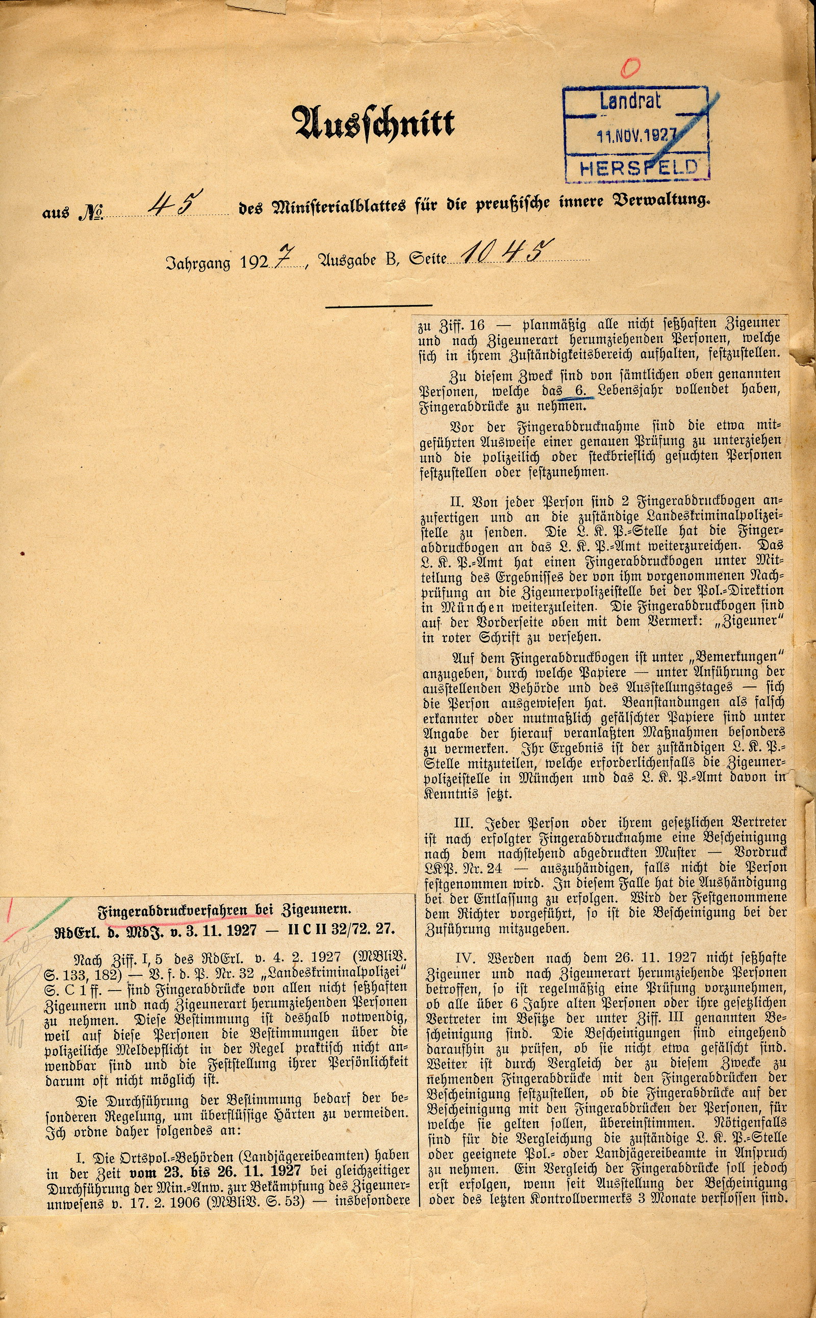 Runderlass des preußischen Innenministers zur Fingerabdrucknahme bei Sinti und Roma, 3. November 1927