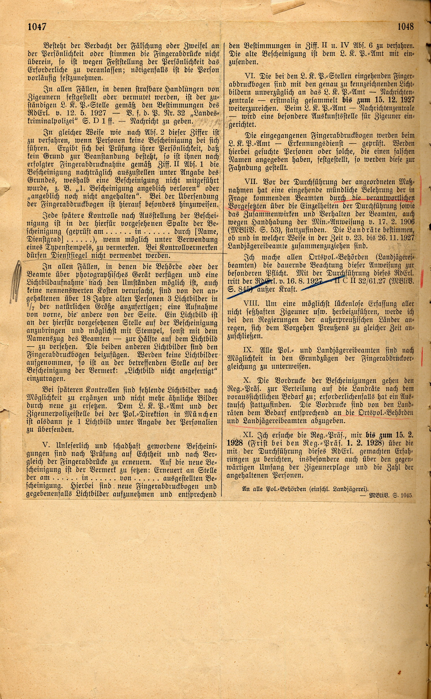 Runderlass des preußischen Innenministers zur Fingerabdrucknahme bei Sinti und Roma, 3. November 1927