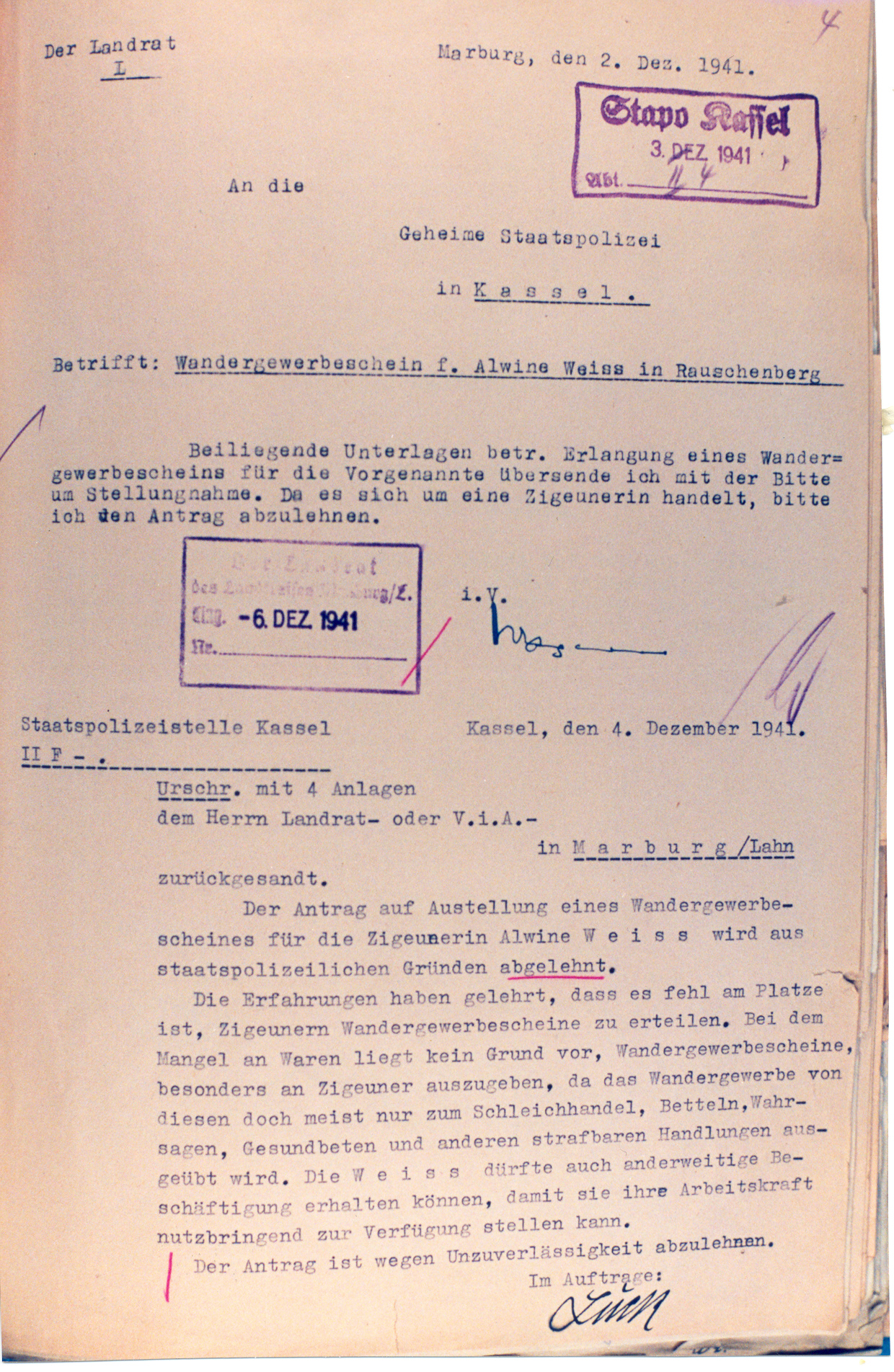 Schreiben des Marburger Landrats an die Geheime Staatspolizei Kassel mit der Aufforderung zur Verweigerung eines Wandergewerbescheines, 2. Dezember 1941