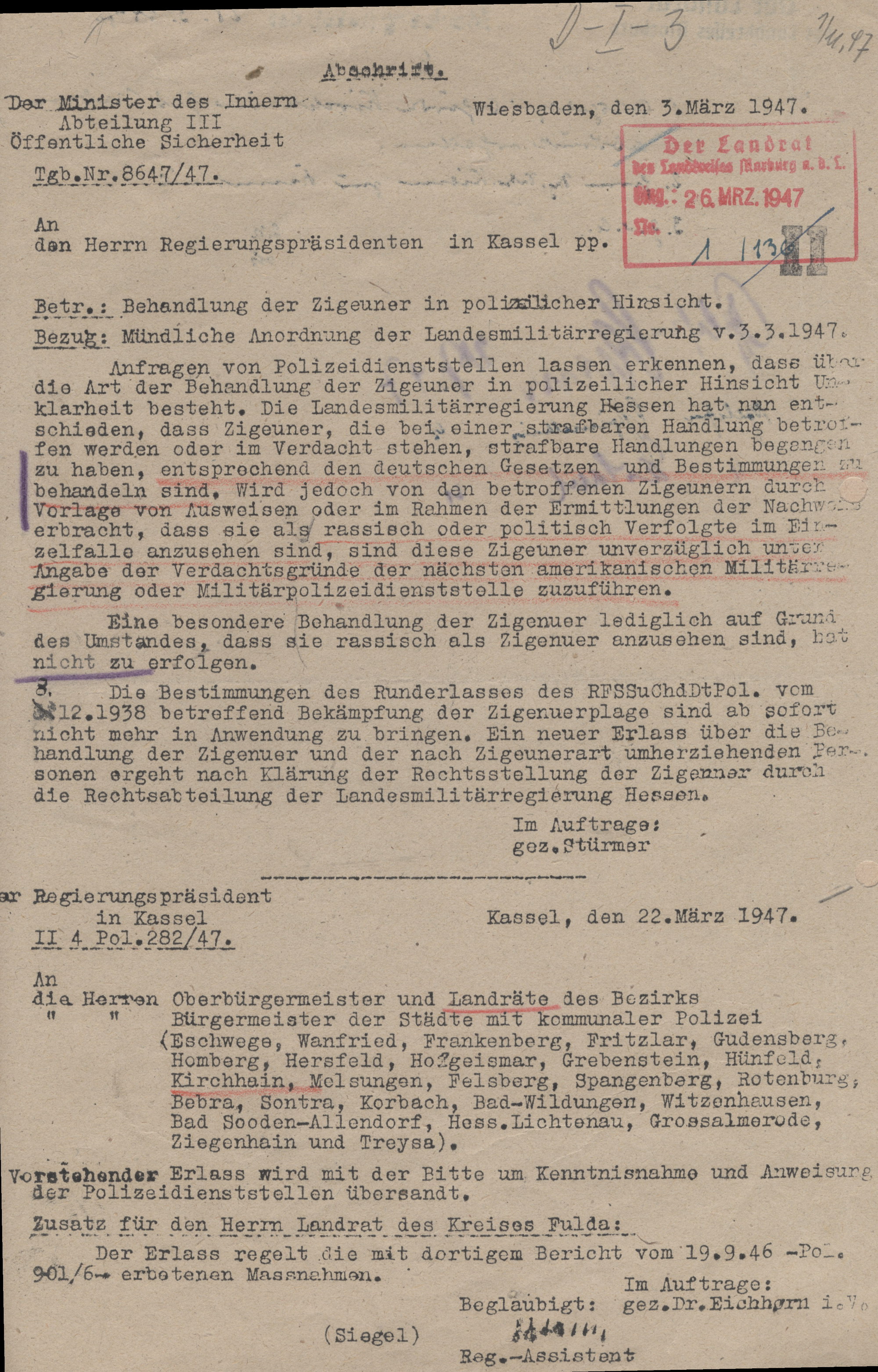 Schreiben des Hessischen Innenministeriums an die Regierungspräsidenten, den Runderlass des Reichsführers SS vom 8. Dezember 1938 nicht mehr anzuwenden, 3. März 1947