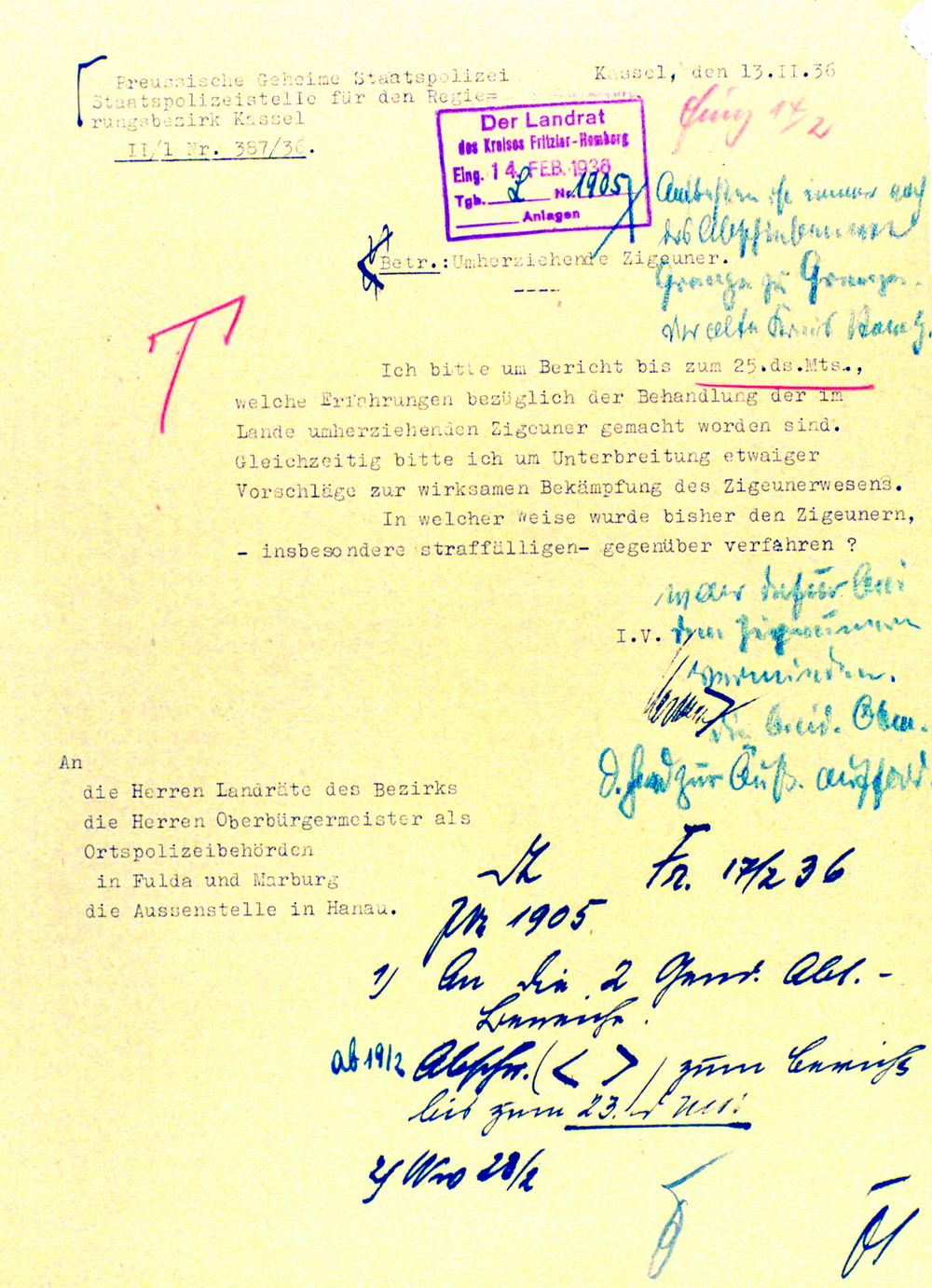 Schreiben der Geheimen Staatspolizei Kassel an die Landräte im Regierungsbezirk, 13. Februar 1936