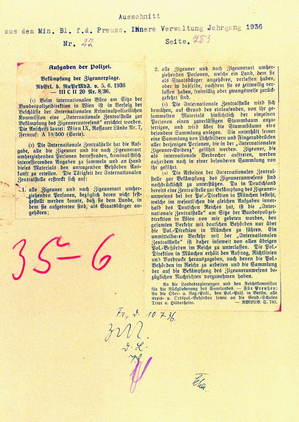 Runderlass des Reichsführers SS und Chefs der deutschen Polizei im Reichsinnenministerium zur Verfolgung der Sinti und Roma, 5. Juni 1936