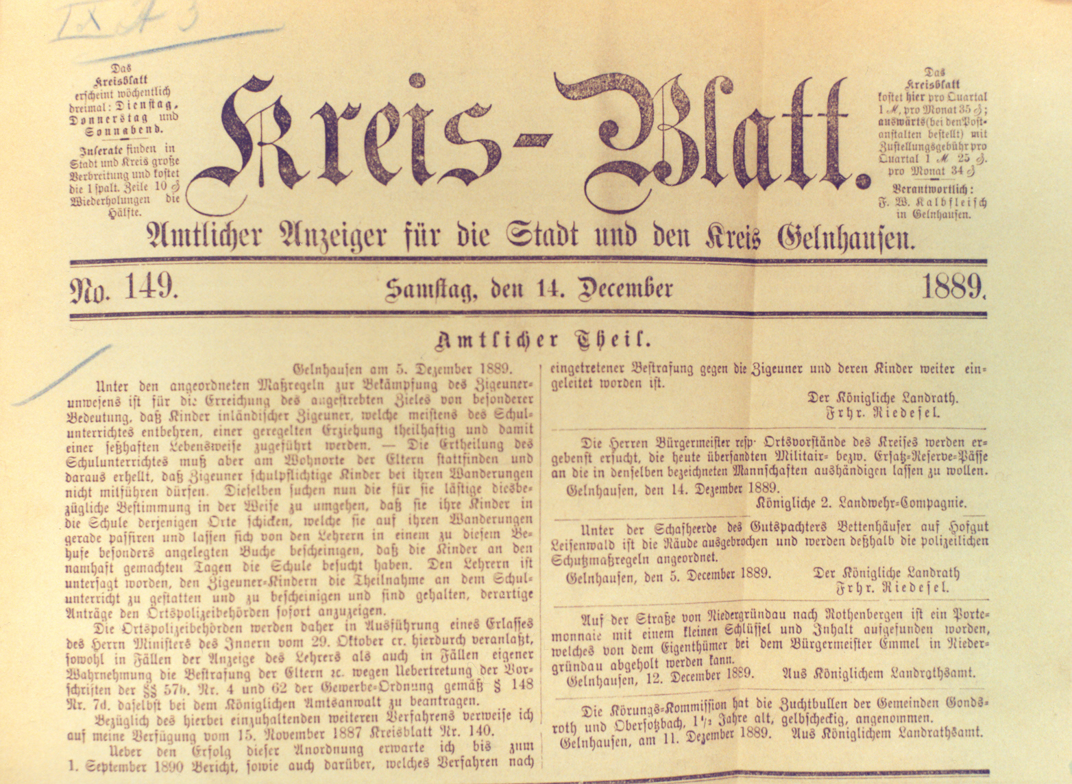 Verordnung des Landrats in Gelnhausen zur Beaufsichtigung von Sinti mit schulpflichtigen Kinder, 5. Dezember 1889