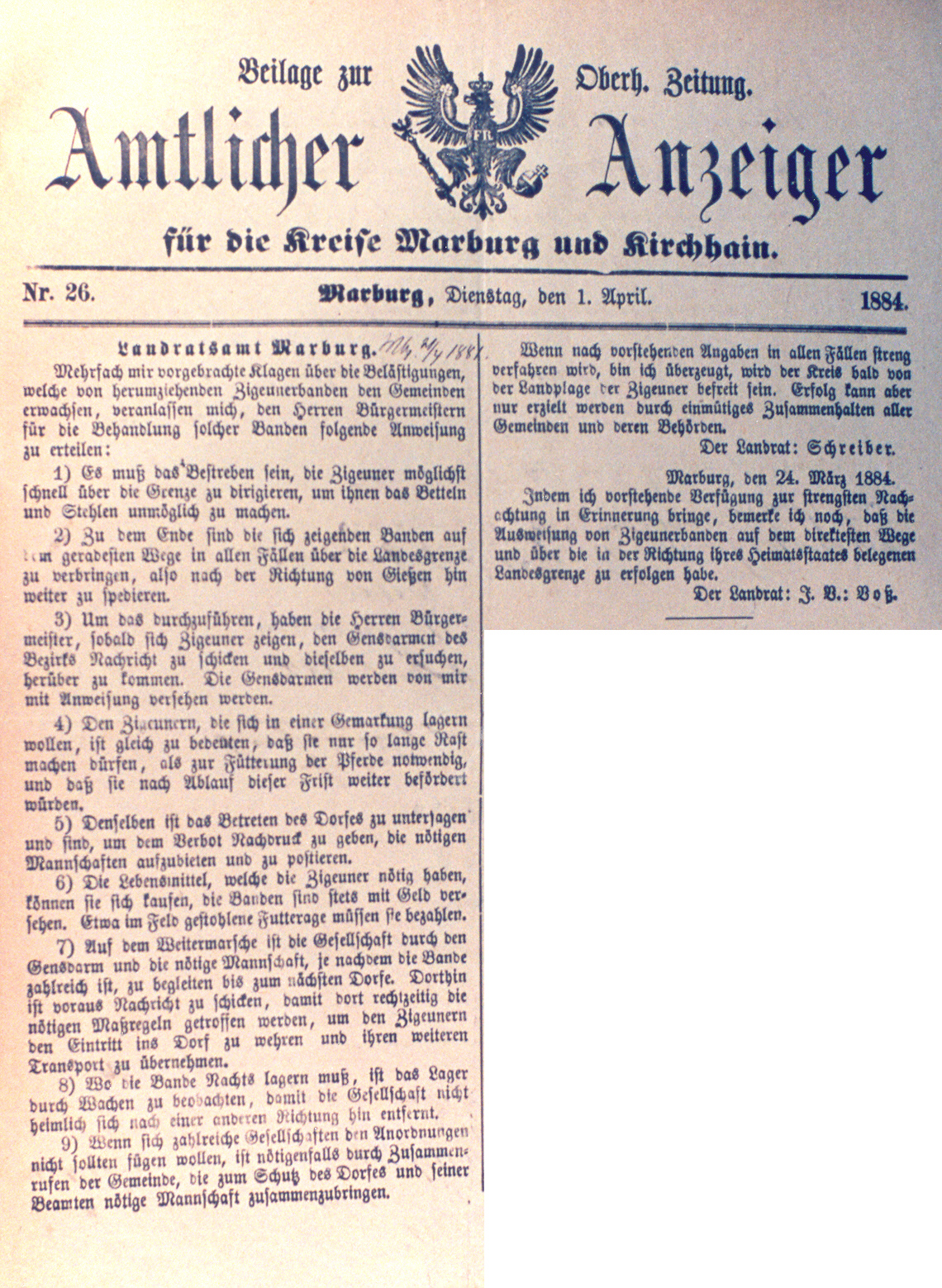 Verfügung des Marburger Landrats zur Abschiebung von Sinti und Roma, 24. März 1884