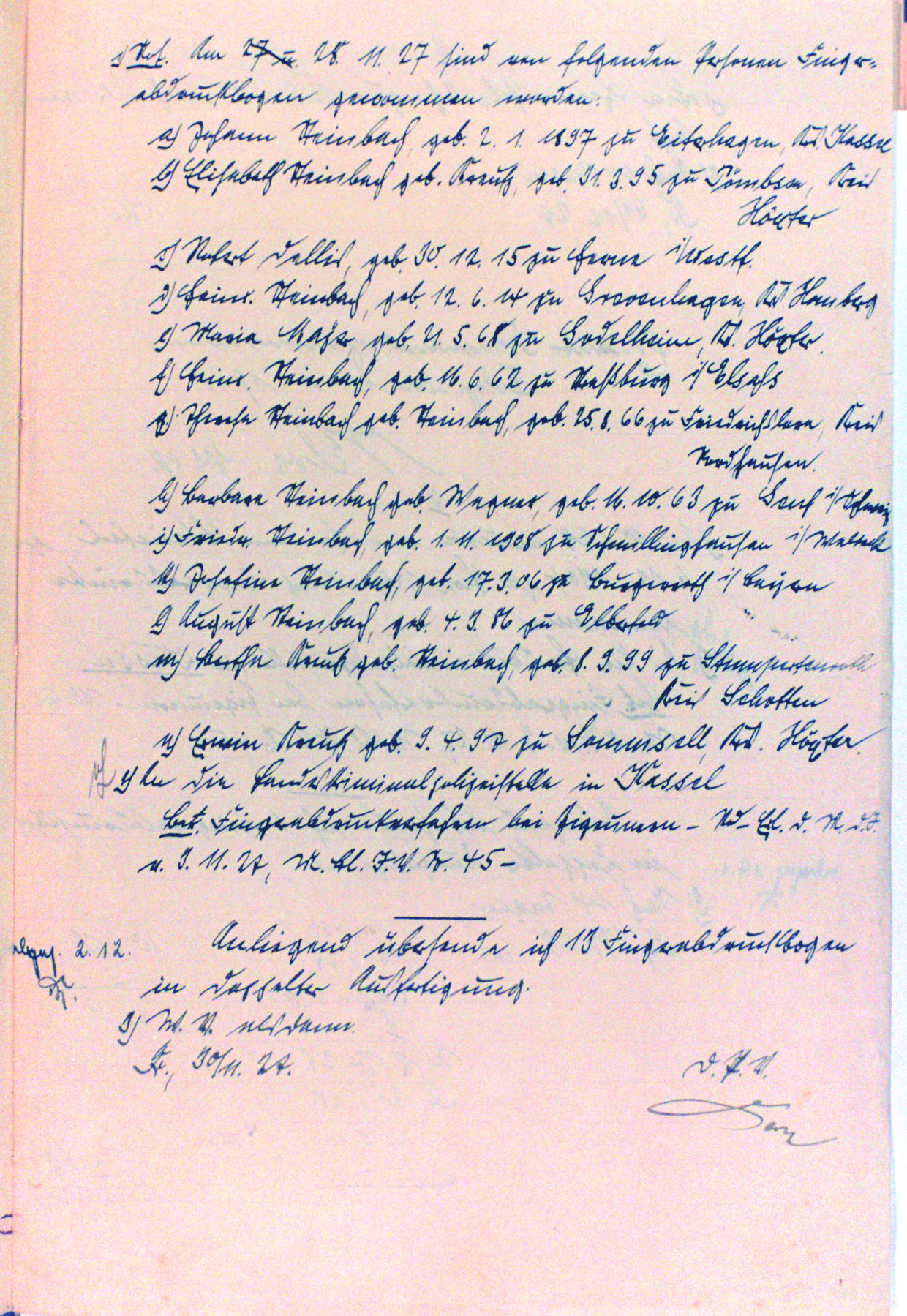 Auflistung der durchgeführten Fingerabdrucknahmen bei Sinti und Roma in Frankenberg, 30. November 1927
