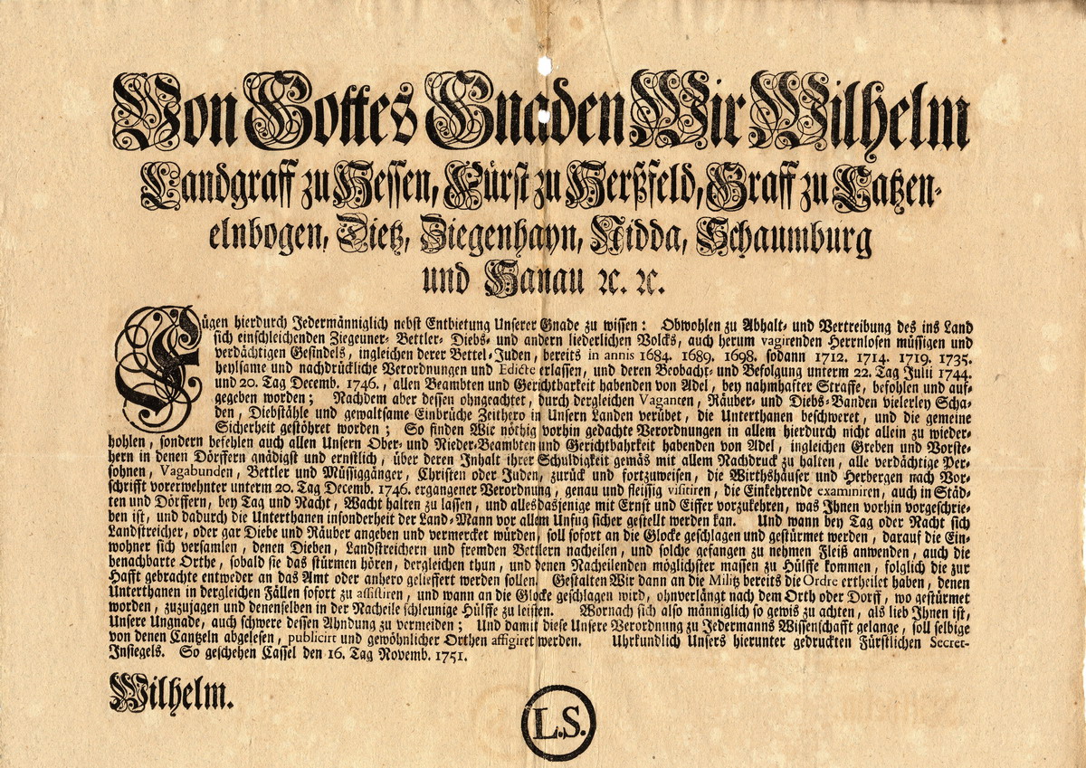 Edikt des hessischen Landgrafen Wilhelm VIII. zur Vertreibung einwandernder "Zigeuner", Bettler usw., 16. November 1751