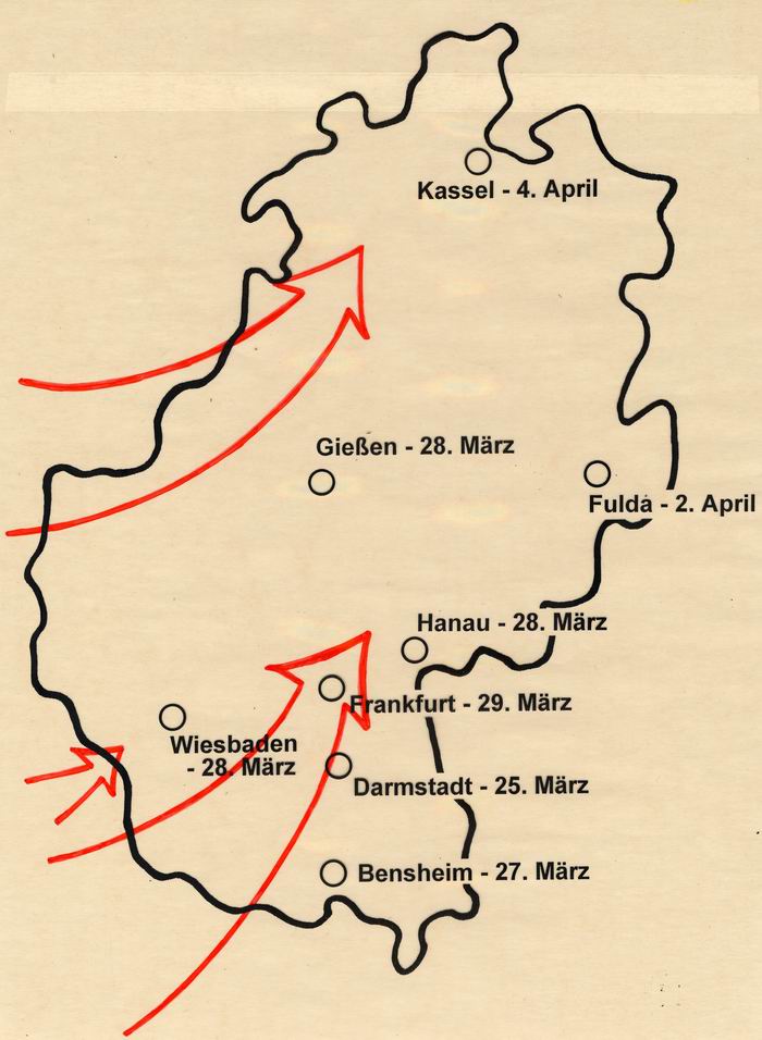 Karte zur Besetzung Hessens durch die Amerikaner vom 23. März bis 4. April 1945
